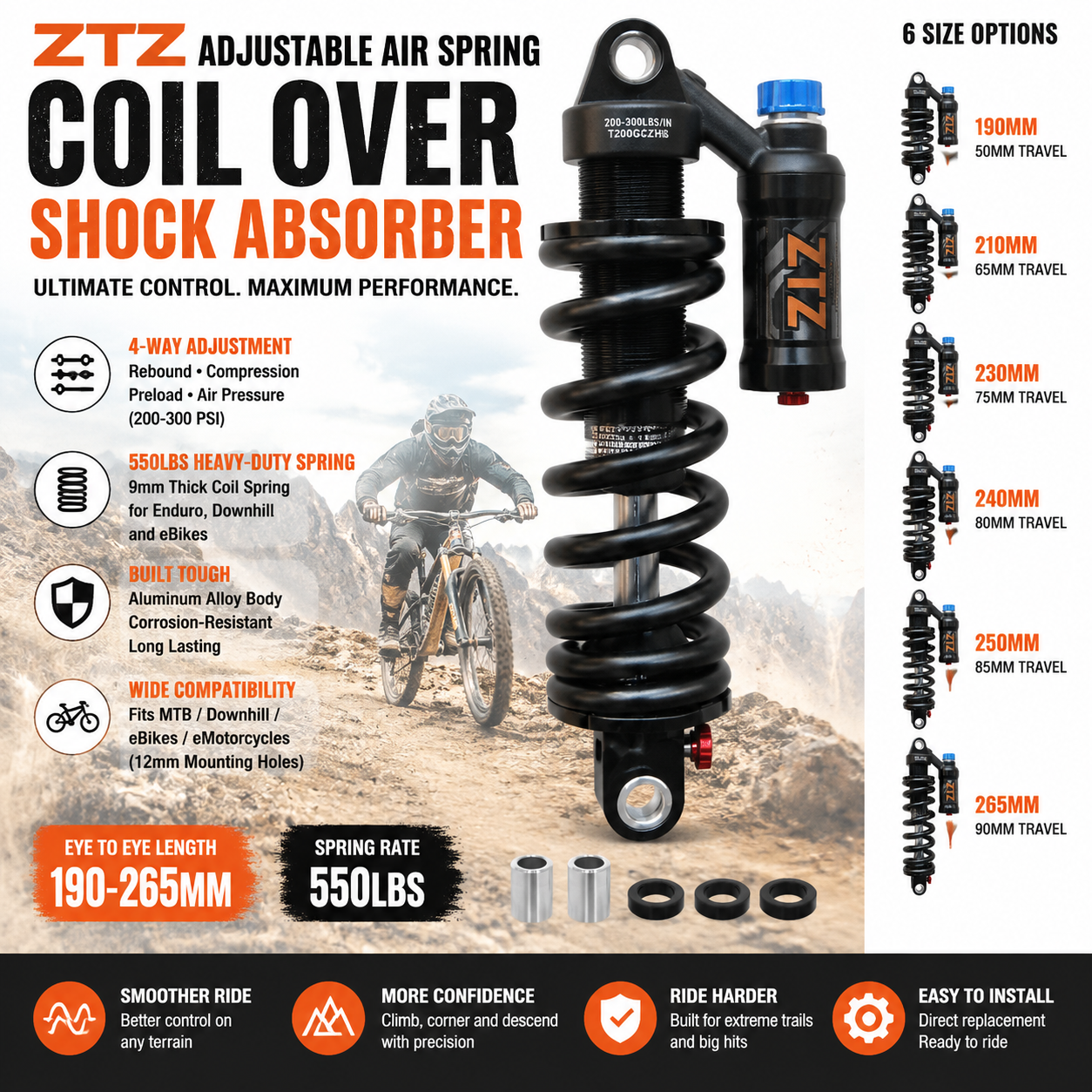 Mountain Biking Downhill - Adjustable Air Coil Rear Shock Absorber